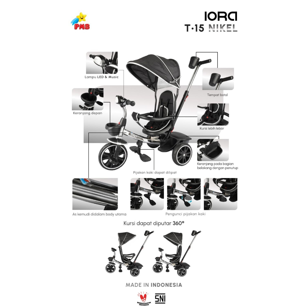 Sepeda Roda Tiga anak PMB IORA T15 Tricycle musik dorongan seatbelt