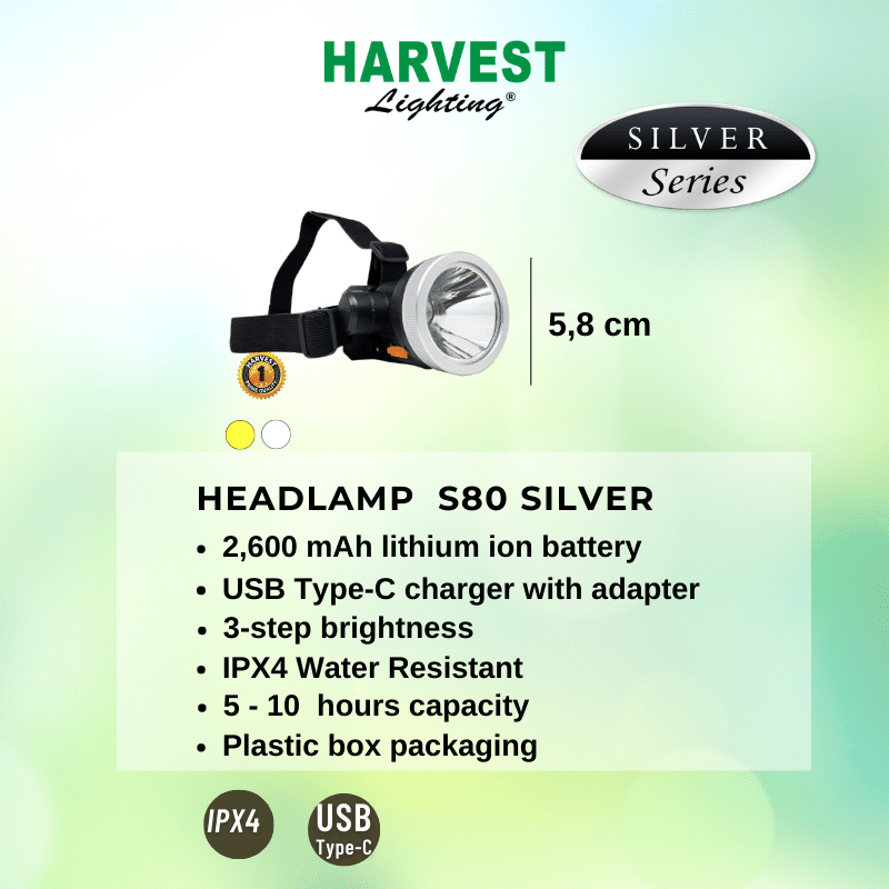 S80W Headlamp HARVEST LIGHTING Senter Kepala LED Silver IPX4 2600mAh Lampu Emergency Travel  Hunting Berburu Rechargeable Original Bergaransi