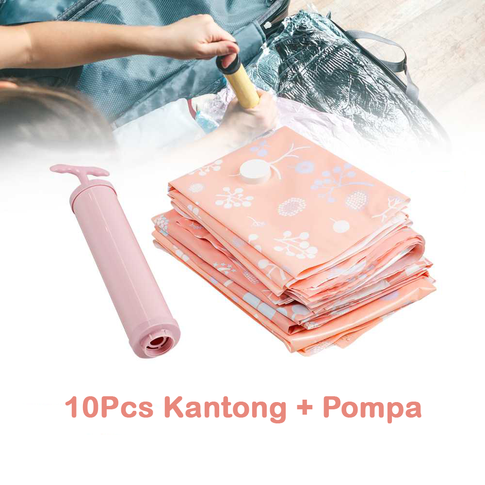 {10pcs + Pompa} Kantong Vacuum Pakaian Baju Travel Plastic Storage 10 PCS + Pompa
