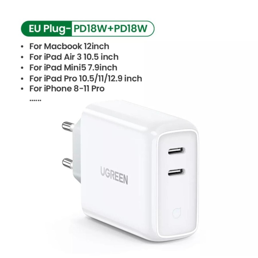 UGREEN Adaptor Kepala Charger Dual USB Type C Fast Charging 36W For Oppo Samsung iPhone 70264