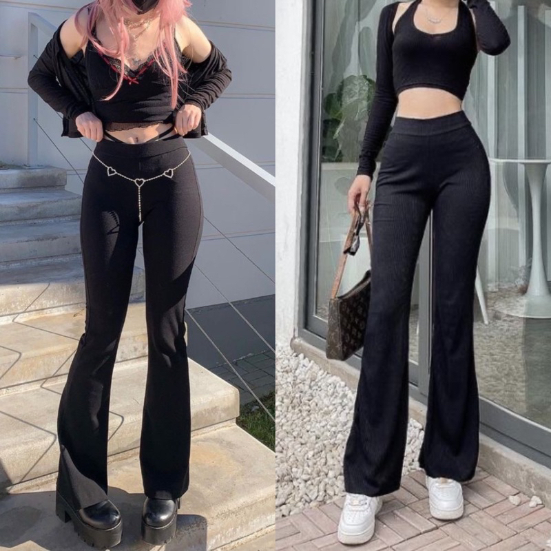 flare pants y2k pants celana panjang cutbray pinterest girl high waist pants leggings