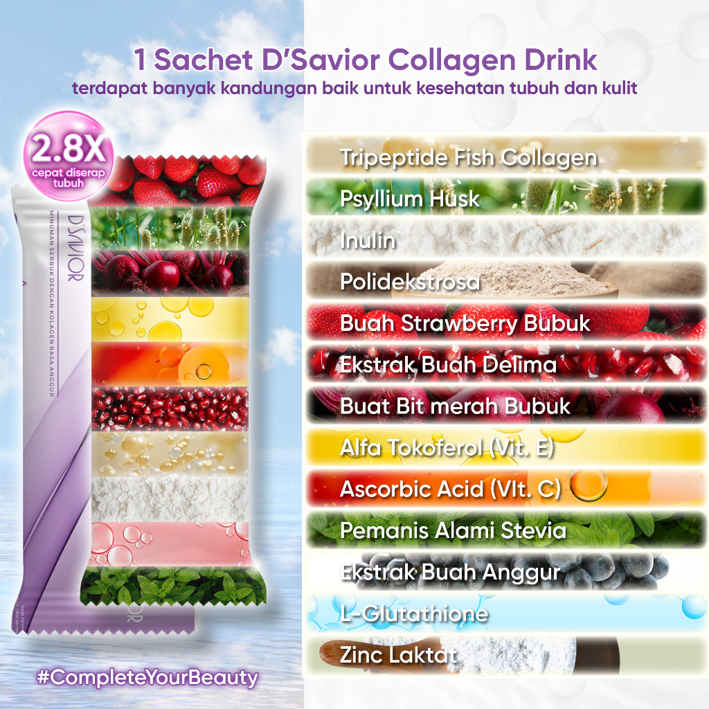 D'SAVIOR Collagen Drink 2500mg Collagen Tripeptide Sachet | Mencerahkan mengurangi jerawat dan rambut rontok