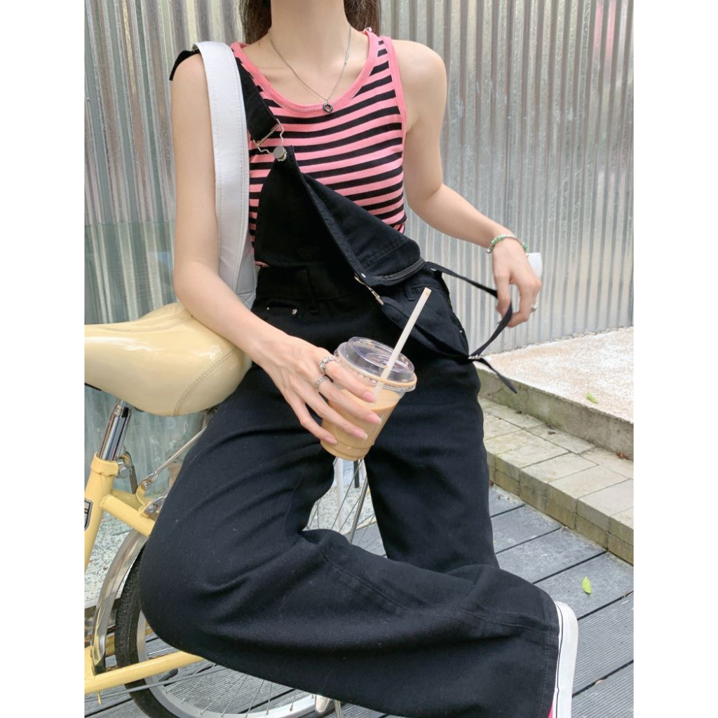 XIAOZhaiNv Overall Jeans Wanita Hitam Straight Loose Korean Style Celana Wanita