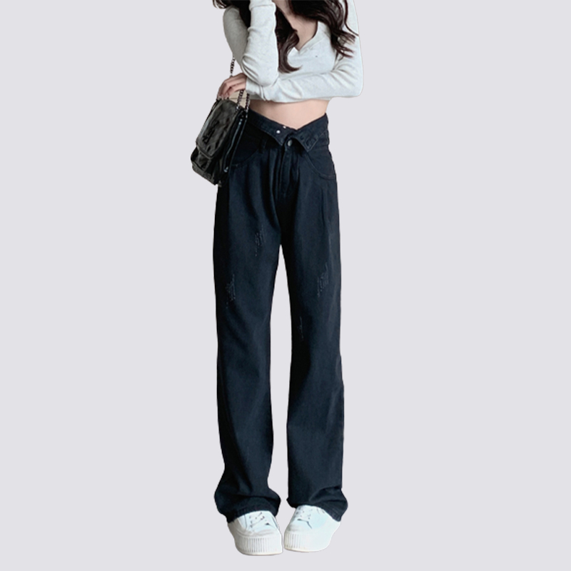 XIAOZHAINV Jeans High Waist Hitam Straight Loose Korean Style Celana Wanita 0740