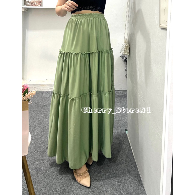 Cherry_ Ruffle Skirt 3 susun / rok panjang wanita / skirt korean style / rok rempel wanita