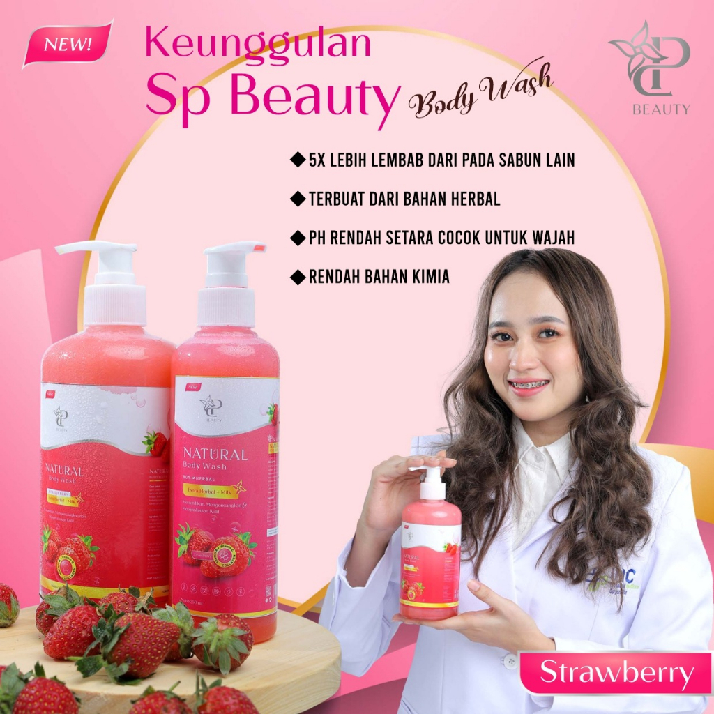 Sp Beauty Body Wash sabun cair herbal strawberry Extra vitamin C. A &amp; Collagen. - Sabun mandi cair pemutih badan sabun cair pemutih .sabun cair herbal - strawberry