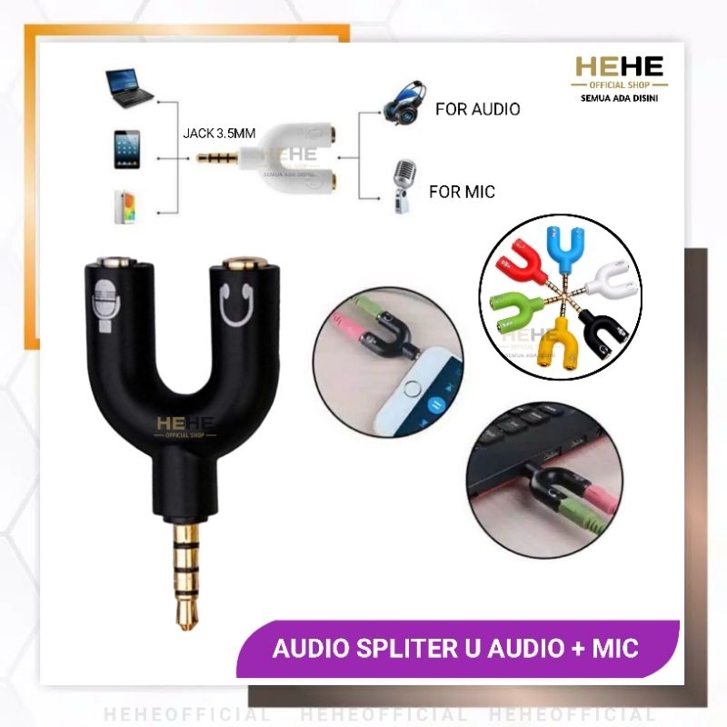 Audio Splitter Model U Audio Aux Jack 3.5mm Konektor Pemisah Ke Headset Dan Mic Konverter Male To fe