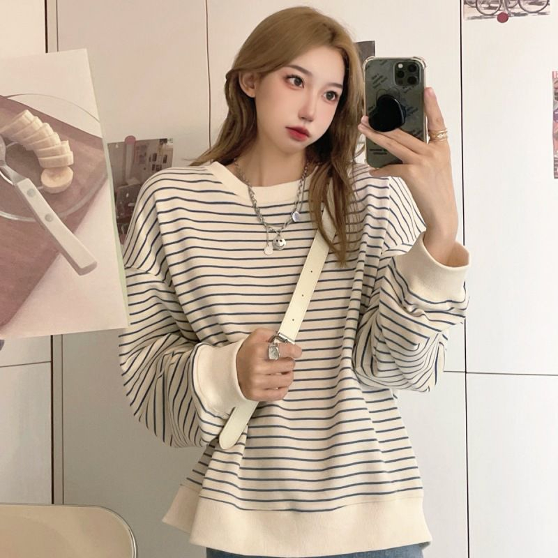 BEARYJEANS Korean Strip Sweater T-Shirt Wanita Lengan Panjang Bergaris Vintage Premium Import - BJ073