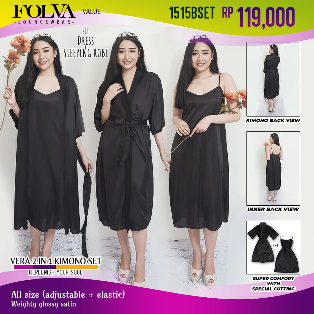 FOLVA kimono wedding set inner tanktop dress satin 1515BSET hitam