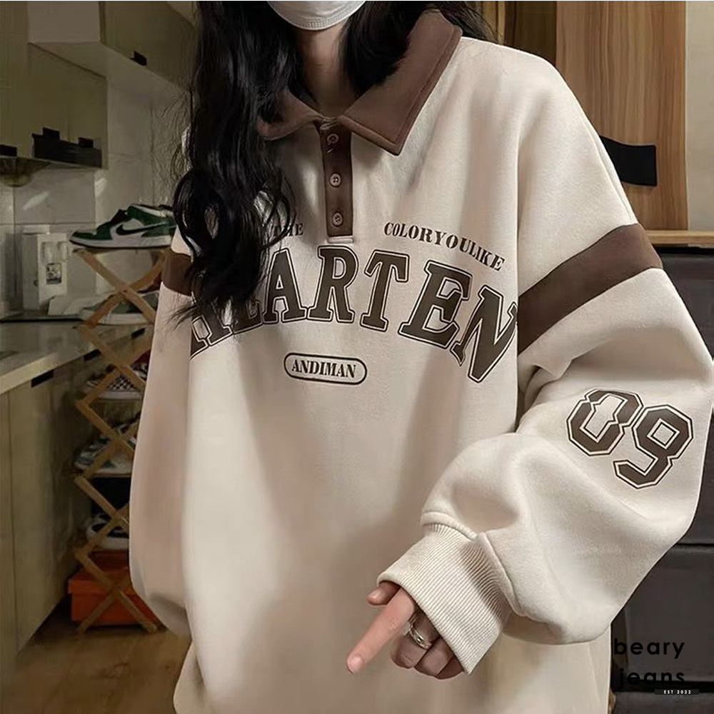 BEARYJEANS Hoddie Sweater Tebal Kerah HEARTEN Oversize Lengan Panjang Wanita Kasual Musim Dingin Premium Import - BJ076