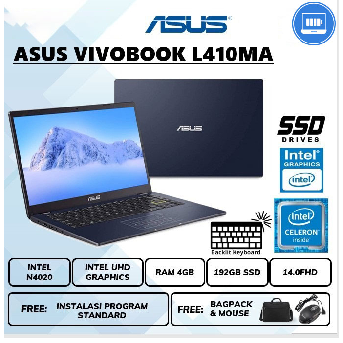 LAPTOP ASUS VIVOBOOK L410MA INTEL N4020 KEYBOARD BACKLIT 14.0 FHD