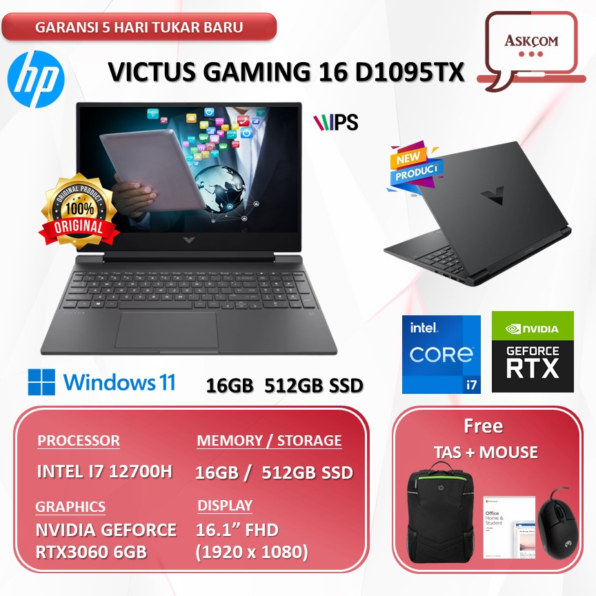 Laptop HP Victus Gaming 16 D1095TX RTX3060 6GB I7 12700H RAM 32GB 512GB SSD OHS 16.1FHD 144HZ W11