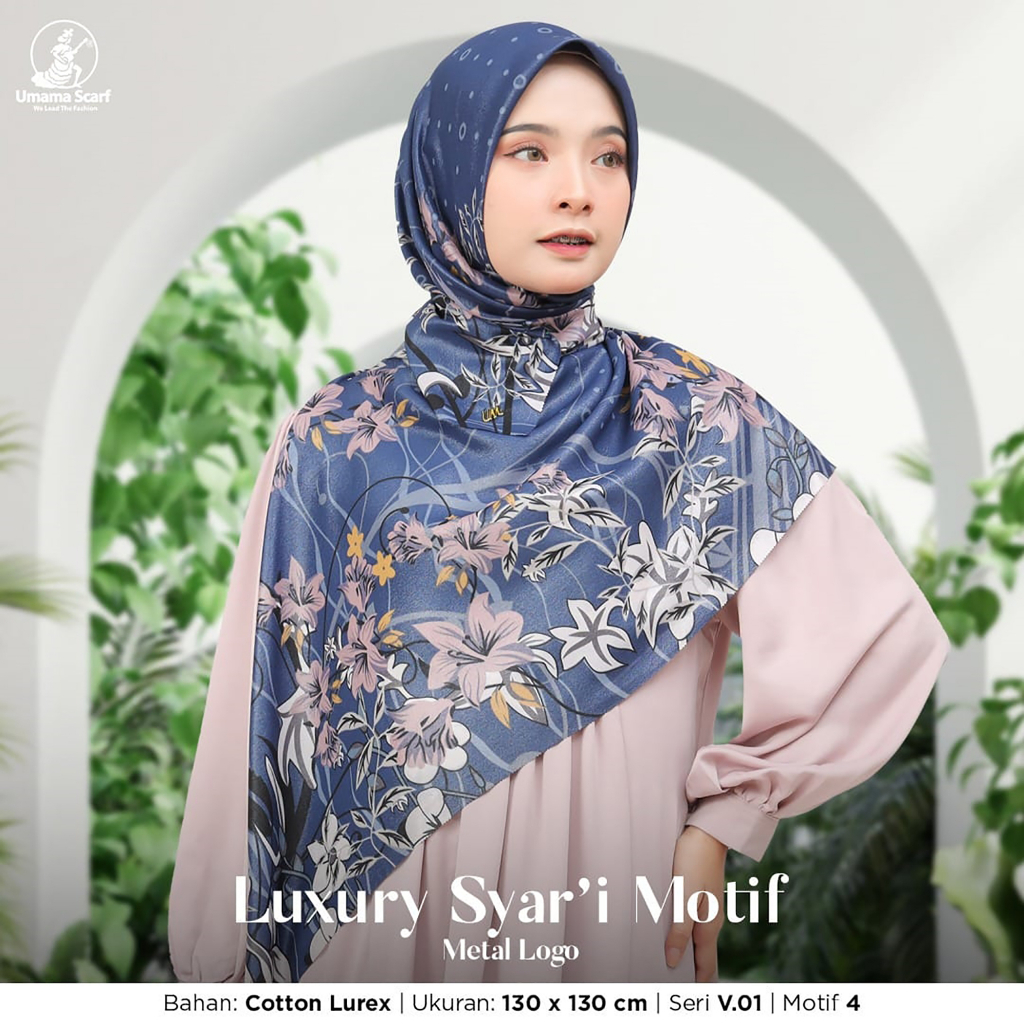 Jilbab Segiempat Syari  LUXURY PRINT Motif UMAMA LC 130 x 130 cm  kode SD metal logo bahan Cotton Lurex Glamour original PREMIUM