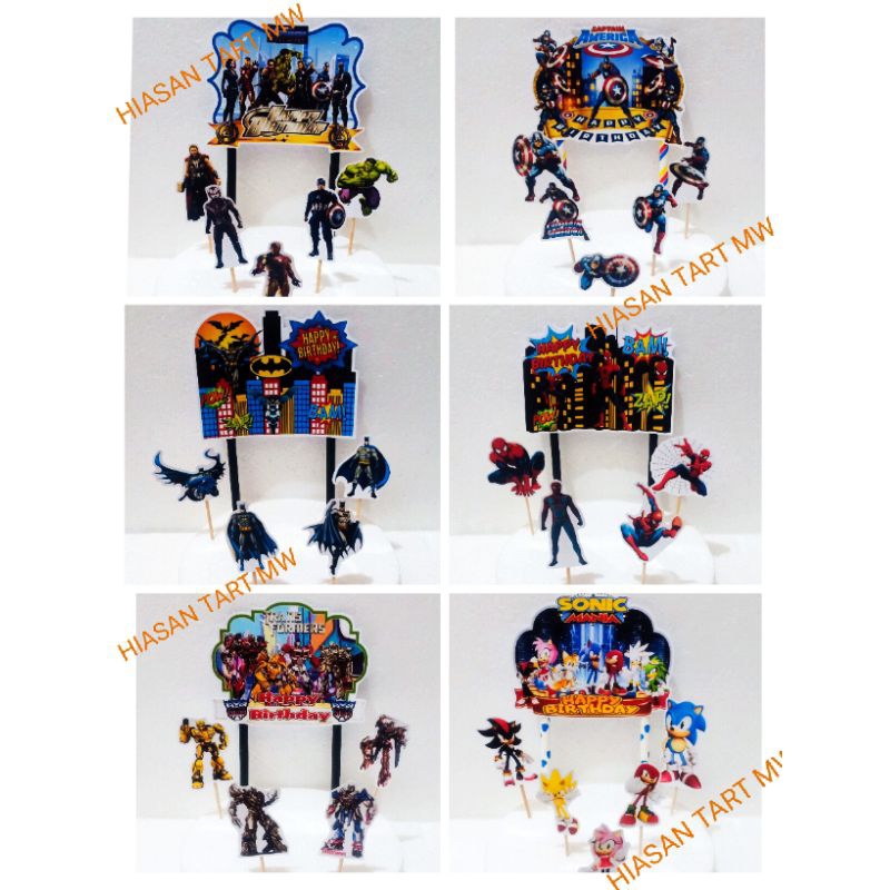 (S) Topper Cake Ulang Tahun Kertas Karakter Superhero Spiderman Batman Avengers Transformer Sonic / 