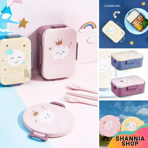 S22 Lunch Box Anak Cute Princess Motif Awan Bulan / Tempat Makan Sekat / Kotak Bekal / Bulat