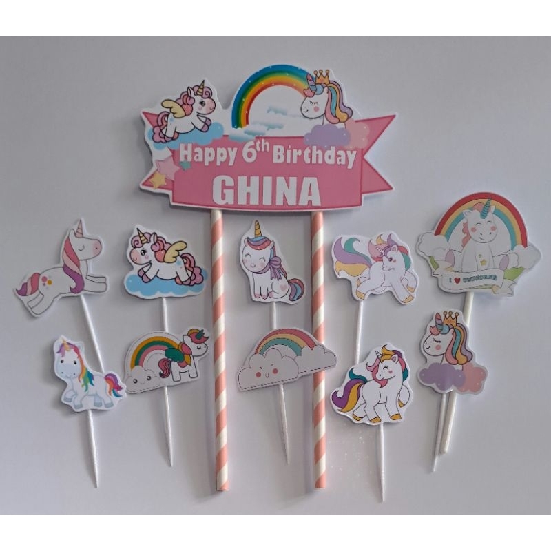 TOPPER CAKE ULANG TAHUN GAMBAR UNICORN CUSTOM NAMA