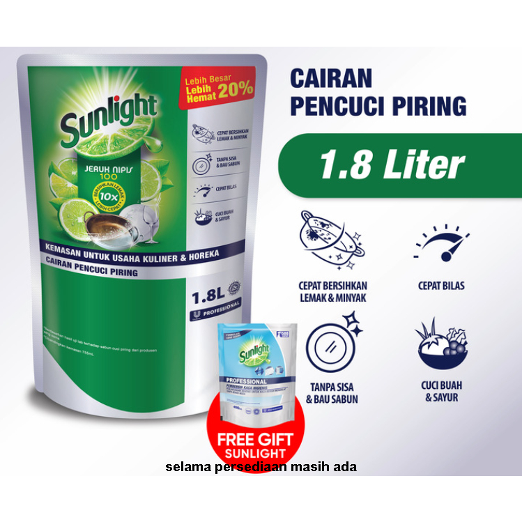 Sunlight Professional Sabun Cuci Piring Sunlight Sabun Cair Jeruk Nipis Lime 1,8 L Pouch Sunlight Profesional Sun Light