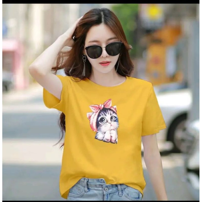 Kaos Atasan Cewek Gambar Kucing Pita (LD 43-49 , P 58-64)