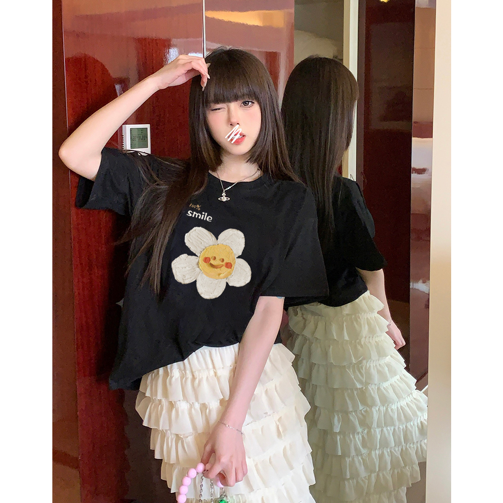 EUNII T-shirt Lengan Pendek Cute Sun Flower Printing Korean Style/Kaos Atasan Wanita/Baju Wanita/Kaos Wanita