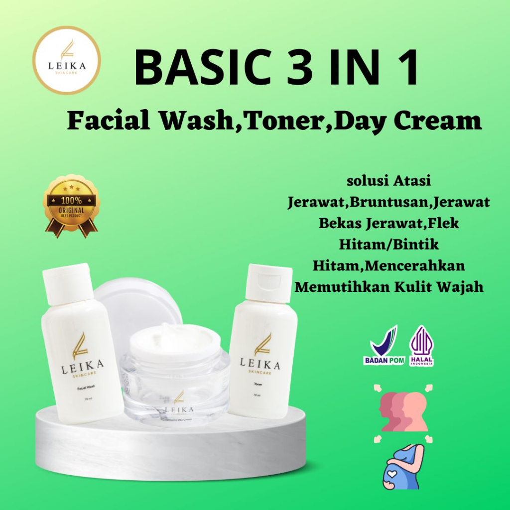 Paket Basic 3 in 1 Leika Skincare Glowing Day Cream Facial Wash Toner Ampuh Atasi Jerawat Bekas Jera