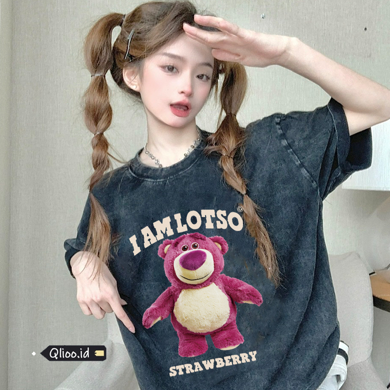 Print Washed T-shirt Kaos Lengan Pendek Oversize Cute Strawberry Bear Korean Style Atasan Wanita
