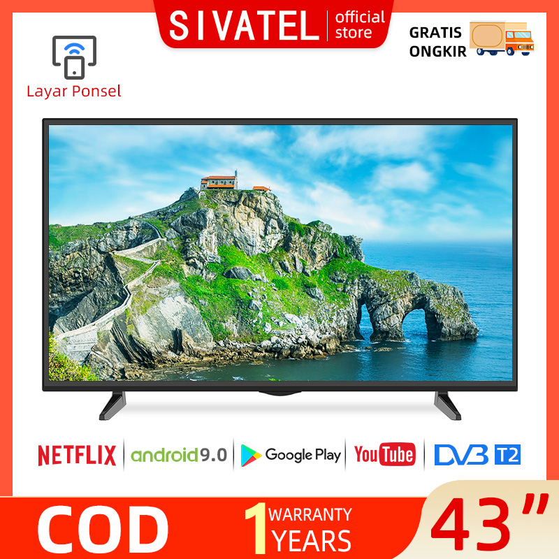 Sivatel TV LED Smart 43 inch FHD Televisi TV Digital Antena TV Smart 9.0 Android Televisi Murah HD Desain Tanpa Batas-Dolby Sound-Voice Control-WIFI-Youtube--USB-HDMI-Clean View-Google PLAY(TCLGMI-S43)