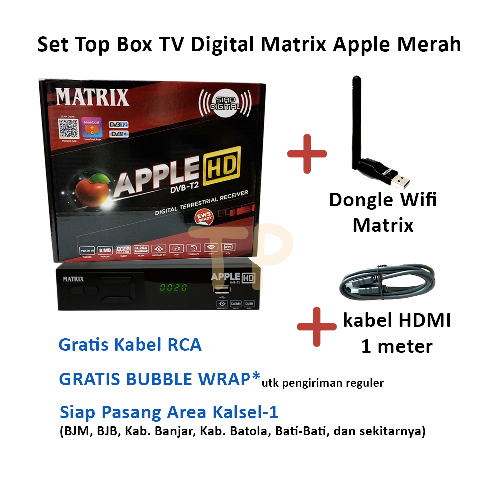 Set Top Box DVBT2 Matrix Apple Merah HD + Dongle Wifi + Kabel HDMI