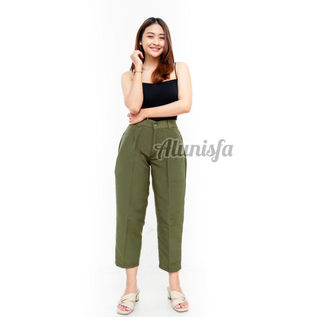 Baggy Pants Street Saku Depan Belakang Kancing Highwaist Wanita Loose Cullote Pants Panjang Celana Kerja Kantor