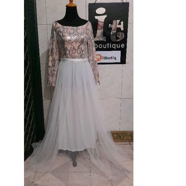 Longdress tutu sequin nude putih hitam gaun pesta hijab dress bridal prewedding fio13437