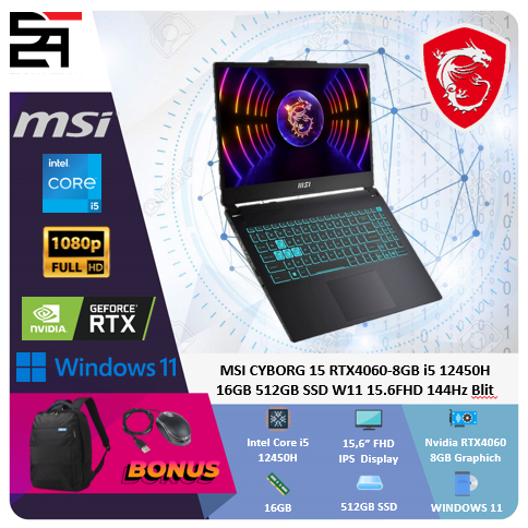 MSI CYBORG 15 RTX4060-8GB i5 12450H 16GB 512GB SSD W11 15.6 Inchi FHD 144Hz