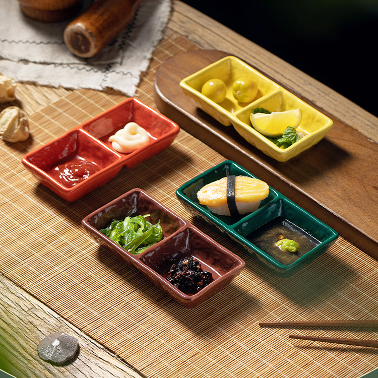 Keramik Wadah tempat sambal kecap asin dapur serbaguna, Kecap manis, asin, Mayones, cabe, Saos, Bumbu Lepek isi 2 daun kotak estetik orange hijau biru jepang sushi restoran