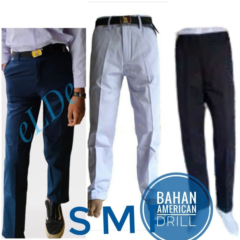 Celana seragam Sekolah SMP MTS Biru, Putih, hitam Pria