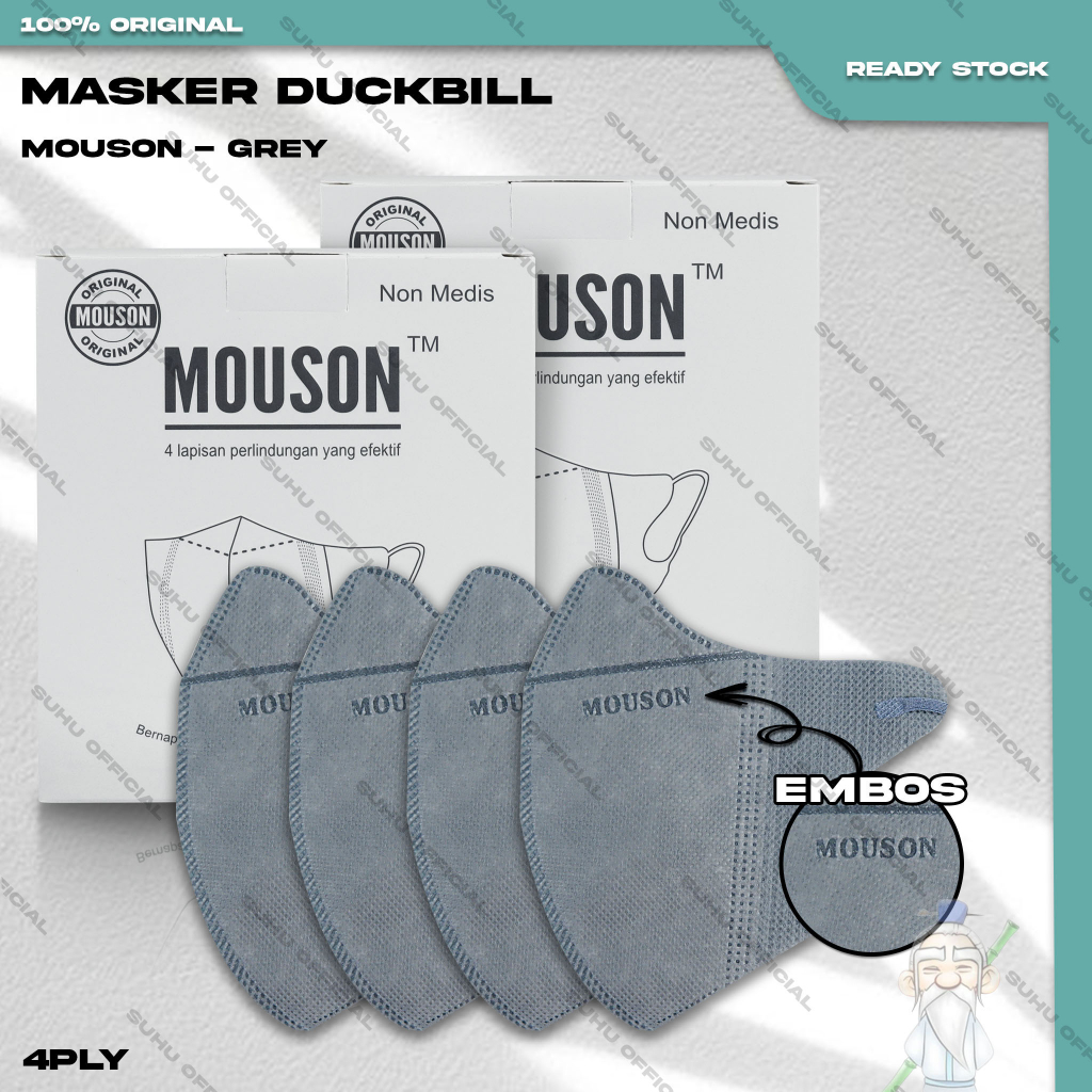 Masker Duckbil MOUSON 4Ply Isi 50Pcs Warna Abu Gelap Dark Grey Duckbill Earloop Surgical Mask