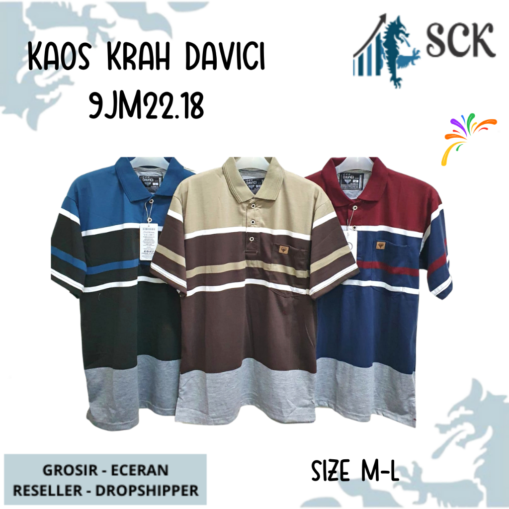 Kaos Kerah Pria DAVICI 2232 2218 2204 2238 Motif Salur Kombinasi Halus ukuran Standar / Baju Cowok Size M-L - sckmenwear GROSIR