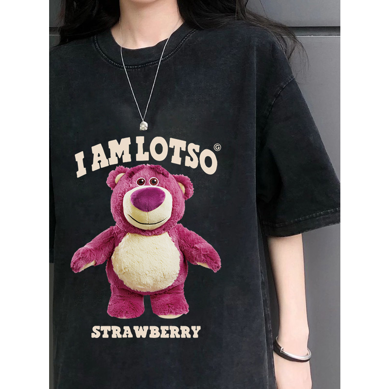 EUNII T-shirt Lengan Pendek Black Washed Cute Strawberry Bear Printing Korean Style/Kaos Atasan Wanita/Baju Wanita