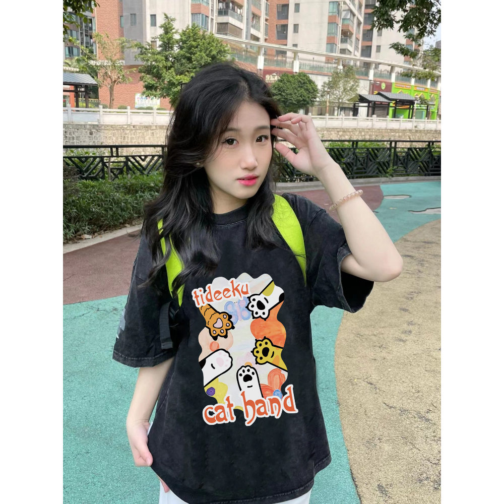 EUNII T-shirt Lengan Pendek Black Washed Cute Cat Paw Printing Korean Style/Kaos Atasan Wanita/Baju Wanita