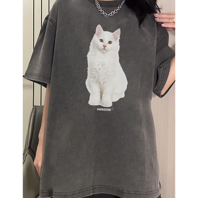 EUNII T-shirt Lengan Pendek Black Washed Vintage Putih Cat Printing Korean Style/Kaos Atasan Wanita/Baju Wanita