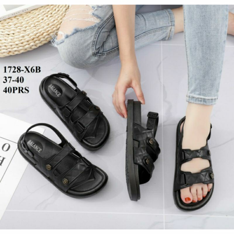 Original Balance 1728-X6B Sandal Slop Jelly Wanita Import Sendal Sepatu Karet Selop Cewek Perempuan Impor Tali Belakang 1728 Sun-JULIE Gladiator Gunung Gesper Hitam Empuk 1728-X1B