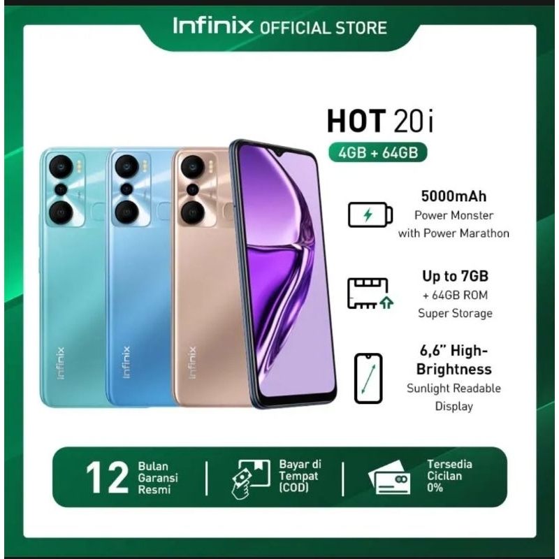 Infinix Hot 20i Ram 4GB - 64GB Up To 7GB Extended - Garansi Resmi