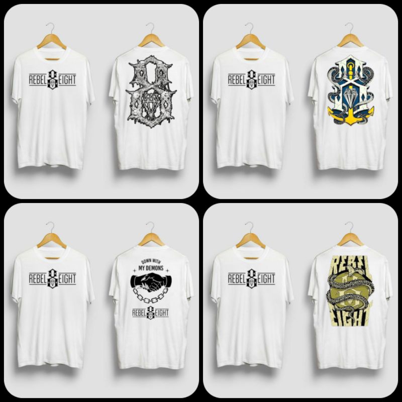Kaos Distro Putih Rebel8 Series Cotton Combad 24s / T Shirt Distro Rebel Eight / Kaos Distro Keren C