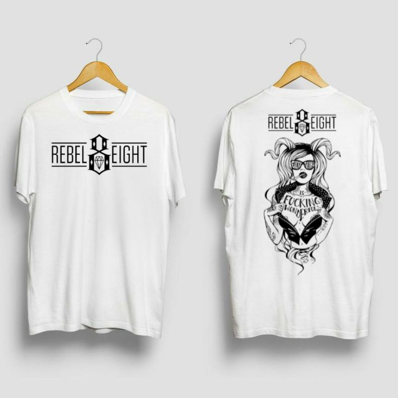 Kaos Distro Rebel8 Putih 100% Cotton Combad 24s Design Kode 05 / T Shirt Distro Rebel Eight / Kaos D