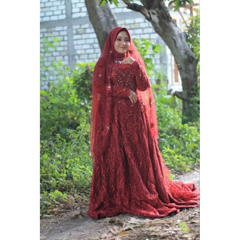 preloved kebaya akad & gown maroon full payet