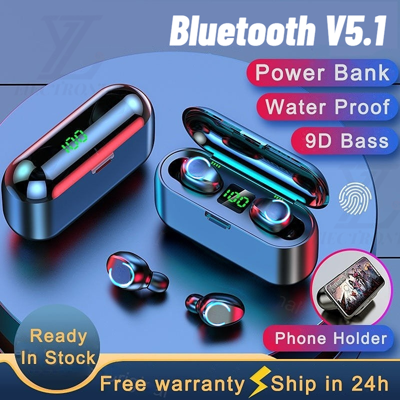 ⚡TWS F9-8 Tahan Air Headset V5.1 Bluetooth Earphone In-ear Wireless Headphone Earbuds Dengan Mikrofon HIFI Stereo 9D With 3500 mAh Powerbank