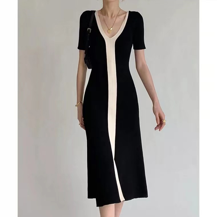 [Premium] Slim Short Sleeves A-Line Knit Long Dress 7209