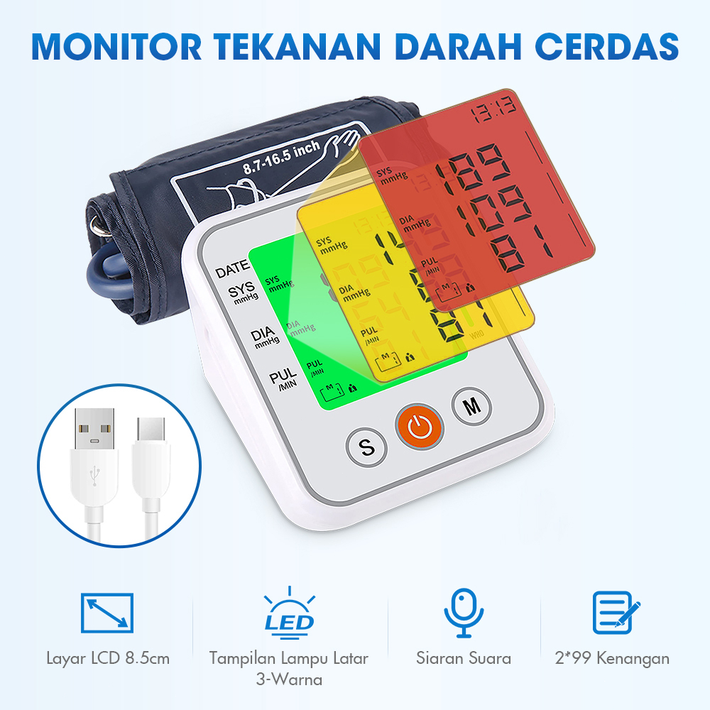 Tensimeter Digital Otomatis Versi Upgrade Desain Backlight 3 Warna Alat Tensi Darah Digital Tensimeter Lengan Atas Rumah Tangga