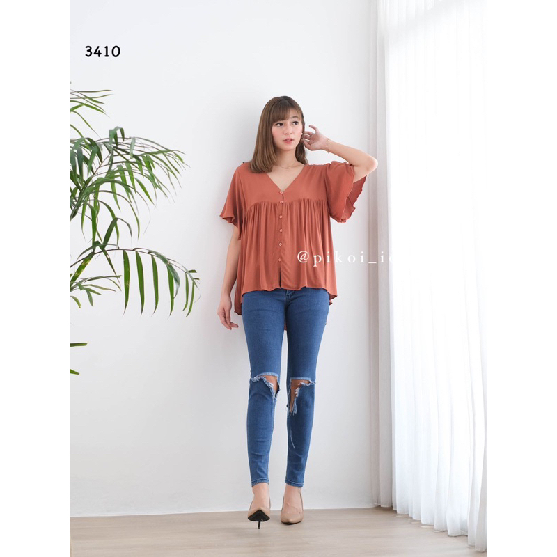 Blouse wanita polos busui full kancing / baju korea v neck katun flowy / atasan wanita peplum 3410