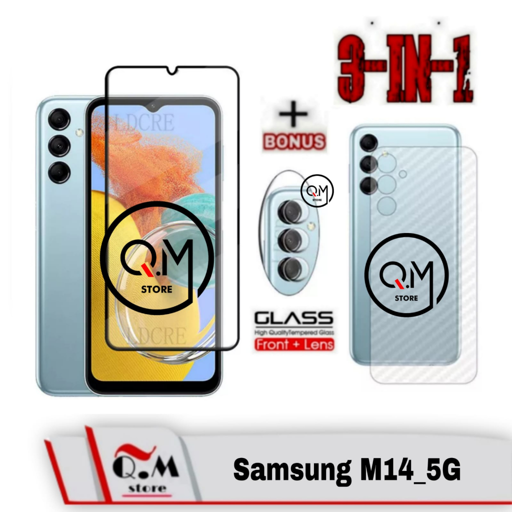 Paket 3in1 Tempered Glass Samsung M14 5G 2023 Anti Gores Pelindung Layar Handphone Aksesoris