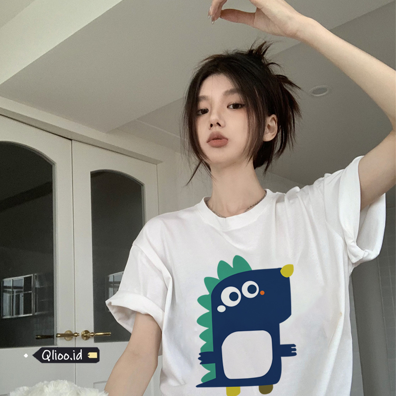 Print T-shirt Kaos Lengan Pendek Cartoon Small Dinosaur Baju Wanita Oversize Korean Style