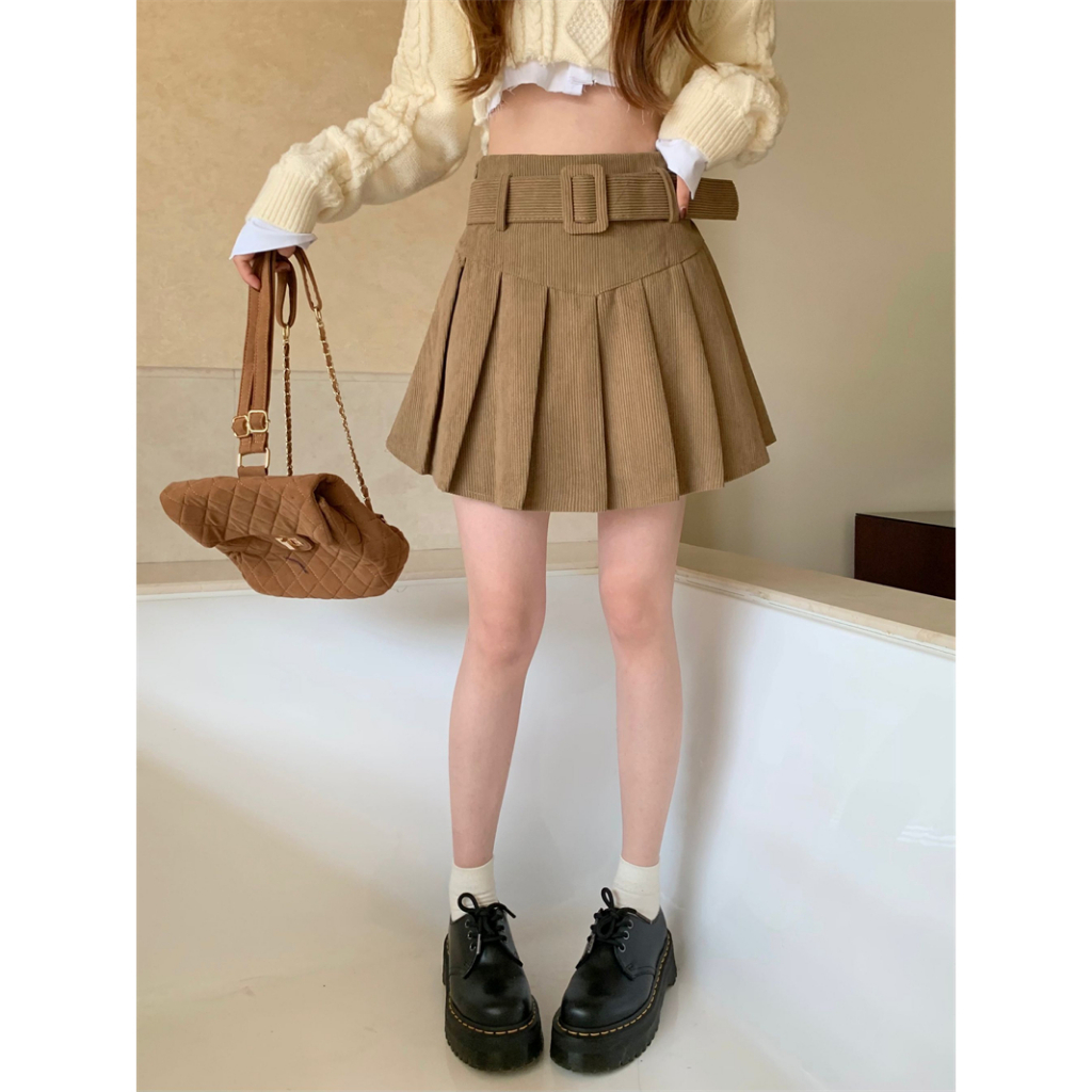 Korean Style Corduroy Rok Retro Hitam High Waist Vintage Skirt Mini