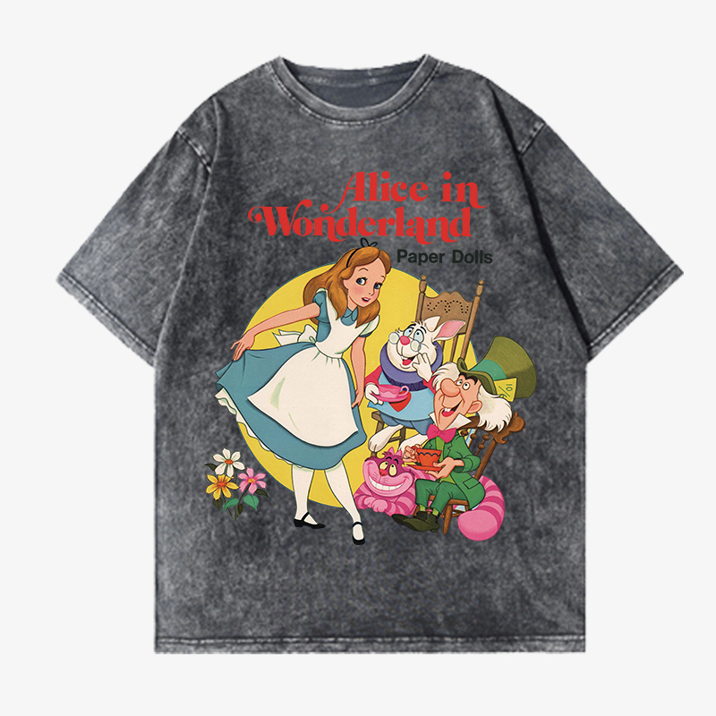 Vintage T-shirt Hitam Washed Alice In Wonderland Oversize Kaos Lengan Pendek Baju Wanita Korean Style